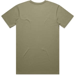 A plain olive green t-shirt with short sleeves and a round neckline, featuring a logo on the back.