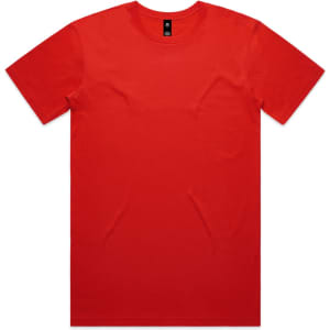A red T-shirt with short sleeves, featuring a logo at the neck.