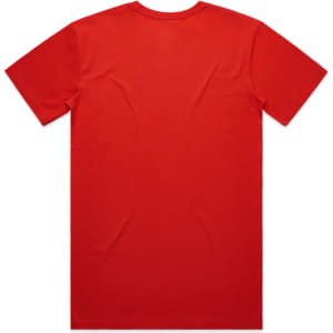 A plain red T-shirt with a classic crew neckline and short sleeves, featuring a logo on the back.