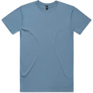 A light blue T-shirt with short sleeves and a tag. The shirt has a plain design and features a logo.