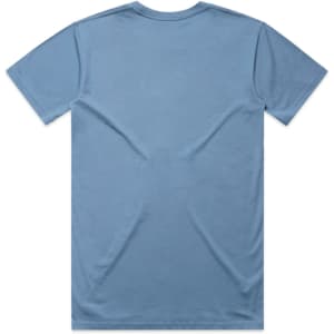 A blue t-shirt with a standard crew neck and short sleeves, featuring a plain back and a logo.