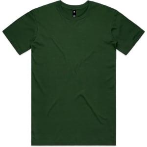 A green t-shirt with a crew neck and short sleeves, featuring a minimalistic design and a tag.