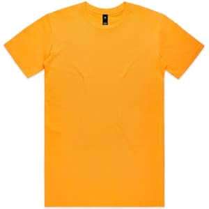 An orange t-shirt featuring short sleeves and a round neck, with a logo on the label.