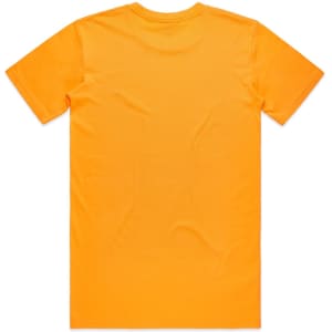 An orange t-shirt featuring a plain back design and a round neckline. The shirt has a logo on the inner tag.
