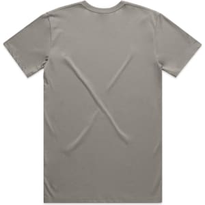 A plain grey T-shirt with short sleeves and a round neckline, featuring a logo on the back.