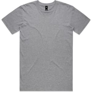 A grey T-shirt with a round neck and short sleeves, featuring a logo on the neckline.