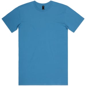 A light blue T-shirt with short sleeves and a round neckline, featuring a label inside.