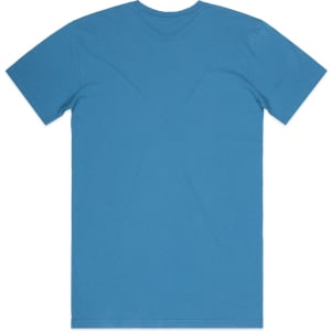 A blue T-shirt featuring a round neck and short sleeves, with a logo on the back.