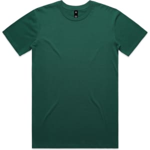 A green T-shirt with a crew neck and short sleeves. The shirt has a logo at the neckline.