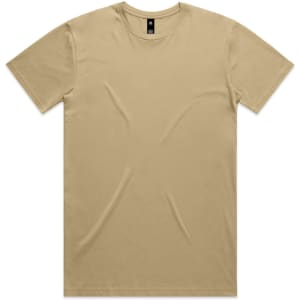 A beige t-shirt with a round neck and short sleeves, featuring a logo on the label.