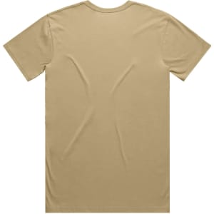 A plain beige T-shirt with a crew neck and short sleeves, featuring a logo on the back.