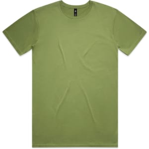 A green t-shirt with a classic crew neckline and short sleeves, featuring a logo on the inside tag.