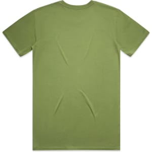 An olive green T-shirt with a plain back, featuring a logo. Suitable for casual wear.