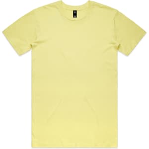 A plain yellow T-shirt featuring a crew neck and short sleeves, with a logo on the label.