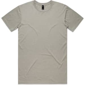 A light grey t-shirt with a crew neck and short sleeves, featuring a plain design and a small logo.