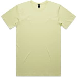 A light yellow t-shirt with a crew neck and short sleeves, featuring a label inside the collar.