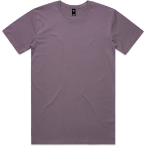 A short-sleeve T-shirt in a muted purple colour, featuring a neck tag and no visible logos.