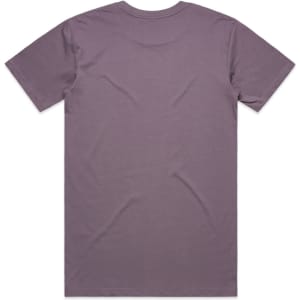 A plain purple T-shirt featuring a round neck and short sleeves, with a logo on the back.
