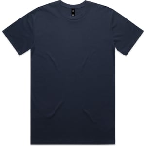 A navy blue T-shirt with a crew neck and short sleeves, featuring a logo tag.
