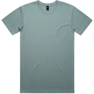 A light blue T-shirt with a crew neckline and a logo on the label. Flat lay design.