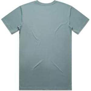 A plain, mint green T-shirt with a crew neck and short sleeves, featuring a logo on the back.