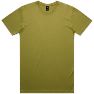 An olive green t-shirt with a round neck and short sleeves, featuring a logo on the label.