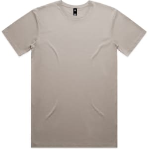 A beige t-shirt featuring a crew neck design and a tag with a logo.