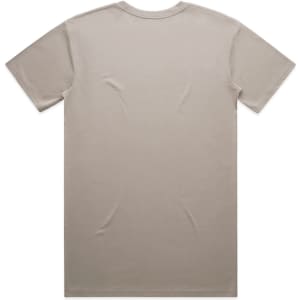 A taupe T-shirt featuring a plain design with a logo on the back.
