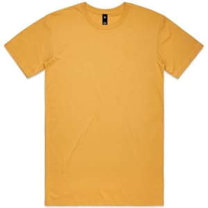 A plain yellow t-shirt with short sleeves and a crew neckline, featuring a logo on the inner label.