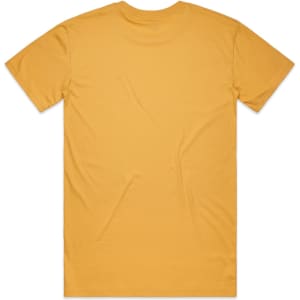 A plain yellow T-shirt featuring short sleeves and a crew neck, with a logo on the back.