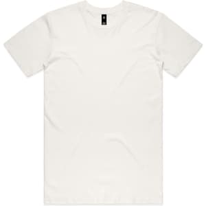 A plain white T-shirt with a crew neck and a label at the neckline. The shirt is unembellished and has no logos.