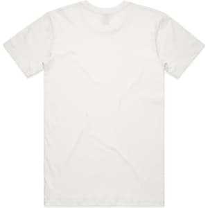 A plain white t-shirt with a crew neck and short sleeves, featuring a logo on the back.