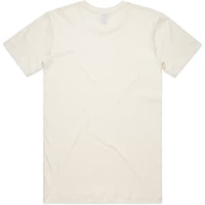 A plain cream-coloured t-shirt with a crew neck and short sleeves, featuring a logo on the back.