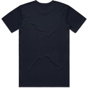 A navy blue T-shirt with a plain back, featuring a logo on the collar.