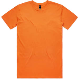 An orange T-shirt with a round neckline and short sleeves, featuring a logo on the label.