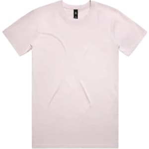 A plain light pink t-shirt with short sleeves and a round neckline, featuring a brand logo on the tag.
