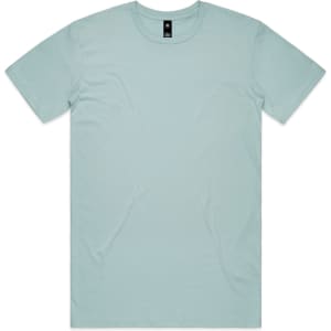 A light blue T-shirt featuring a round neck and short sleeves. It has a logo tag near the neckline.