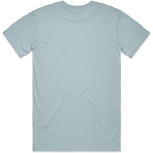 A light blue t-shirt with a round neck and short sleeves, featuring a logo on the back.