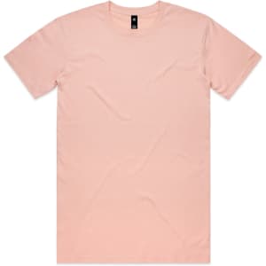 A plain pink T-shirt with a round neckline and short sleeves, featuring a subtle logo on the inside label.