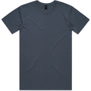 A dark teal t-shirt displayed flat, featuring a round neckline and short sleeves. It has a logo tag at the collar.