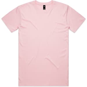 A pink T-shirt featuring a crew neckline and short sleeves, with a logo located near the neckline.