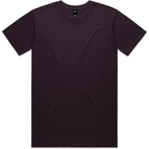 A dark purple T-shirt with a round neck and short sleeves, featuring a logo on the interior label.