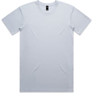 A light blue t-shirt with a round neckline and short sleeves, featuring a logo on the label.