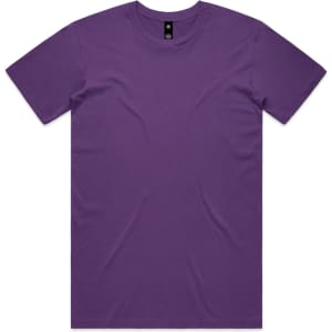 A purple T-shirt with short sleeves and a round neckline, featuring a logo on the inside label.
