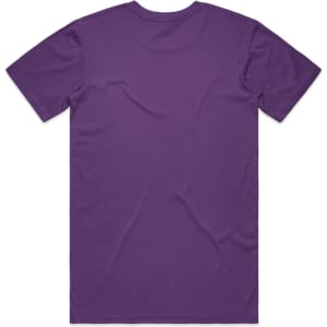 A purple T-shirt with a plain back and a logo present. The fabric appears smooth and casual.