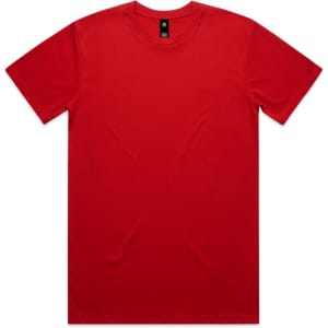 A red t-shirt with a round neck, short sleeves, and a label inside the collar. The shirt has a plain design.