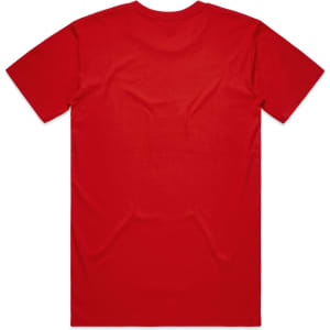 A red T-shirt with a plain back, featuring a logo at the neckline.
