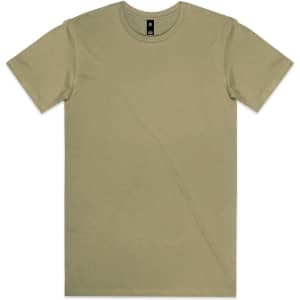 An olive green T-shirt featuring a crew neckline and short sleeves, with a logo on the label.