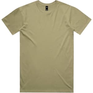 A khaki Staple Tee with a simple crew neckline, featuring a logo on the label.