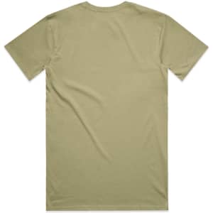 A khaki T-shirt featuring a classic crew neck and short sleeves, with a plain back and a logo on the label.